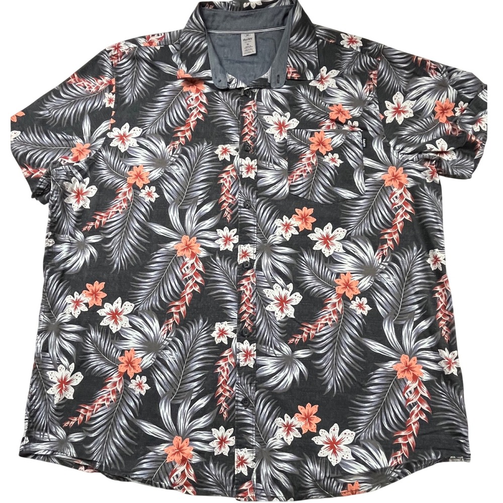 Hurley Mens XL Short Sleeve Button Down Shirt Tropical Floral Palm Charcoal Grey